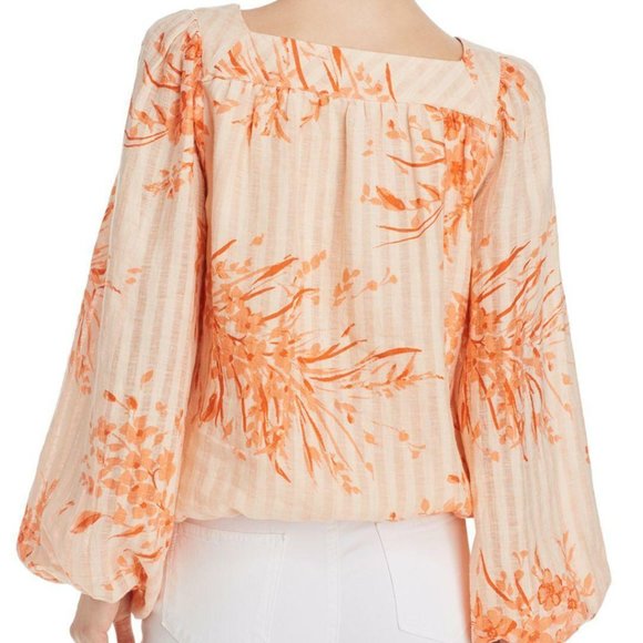 JOIE Cadby LINEN BLOUSE S Floral Island Sunset Square Neck Balloon Sleeves $228 - Picture 5 of 10